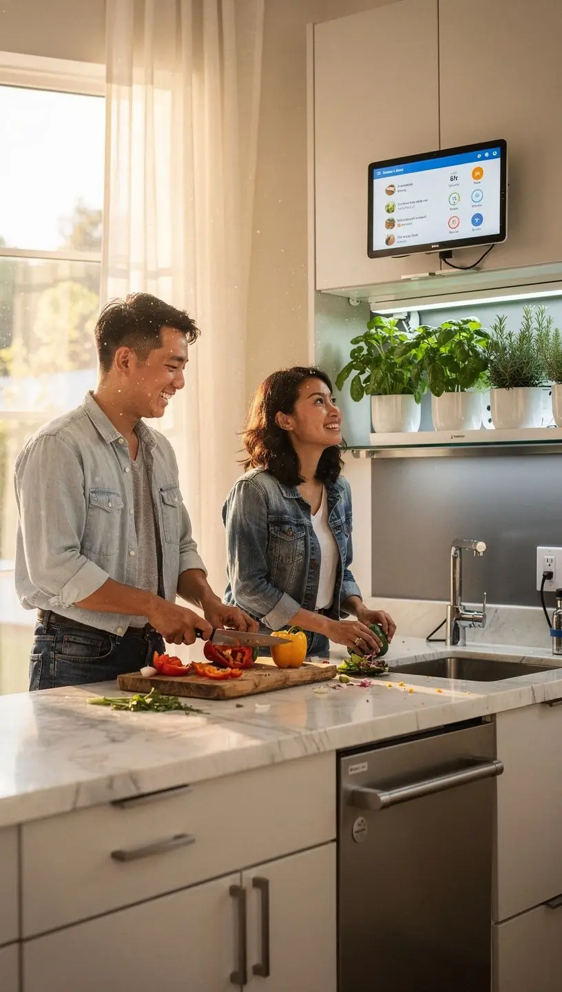 Modern home interior featuring integrated smart devices controlling lighting and climate for optimized living environment