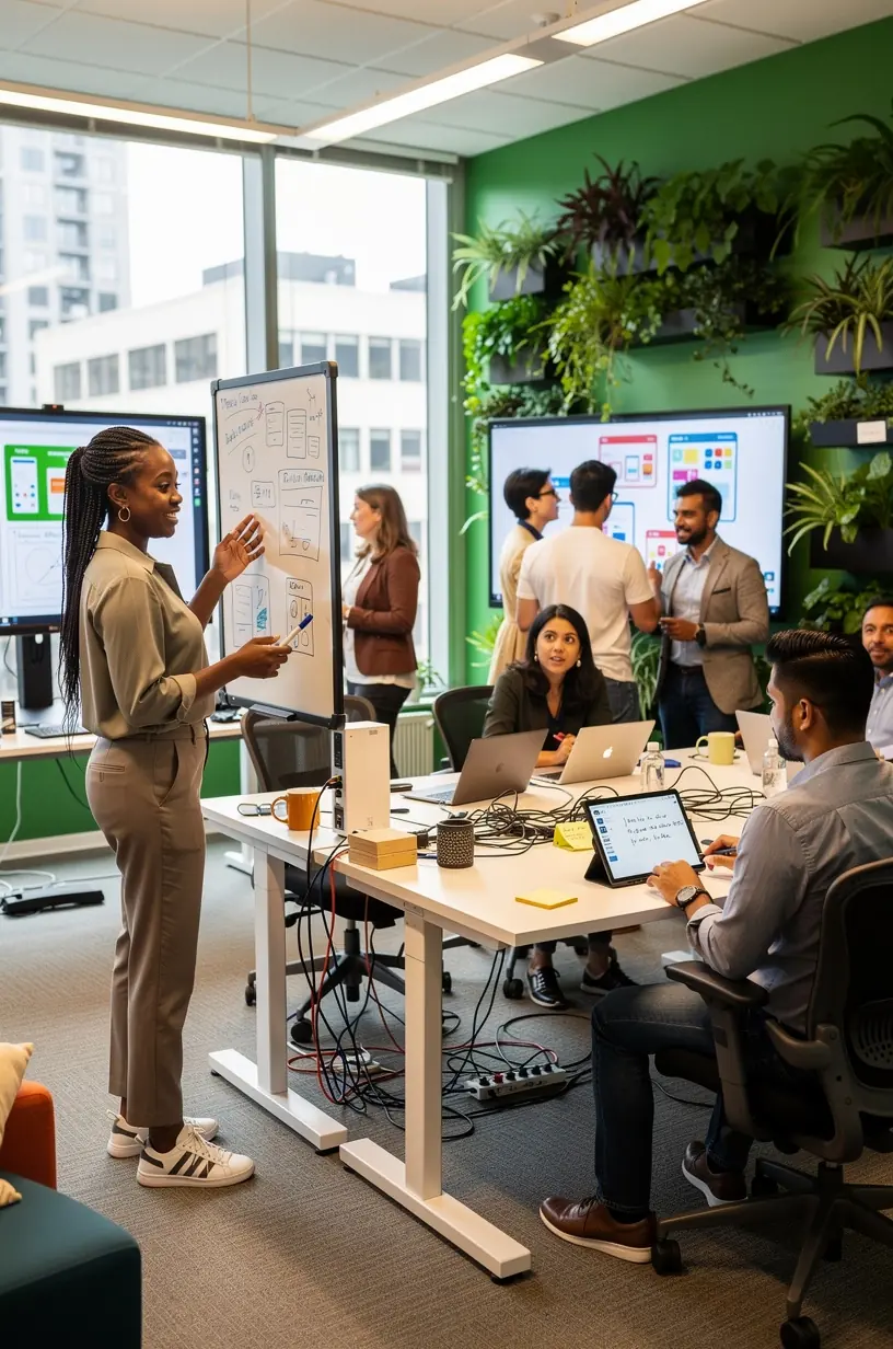 Modern kitchen with smart appliances displaying automation features for energy efficiency
