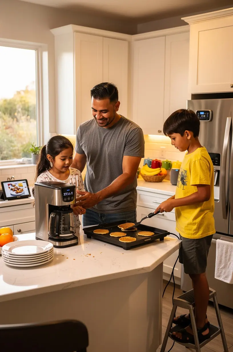 Person using a smartphone app to control home lighting and security systems remotely